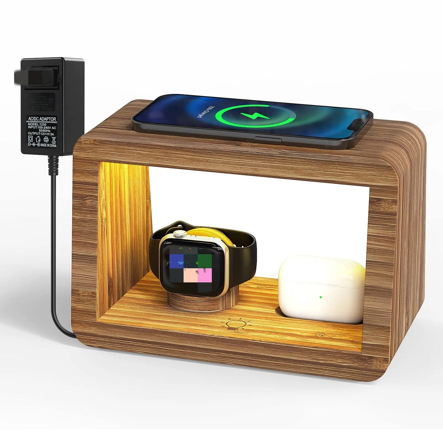 WoodLight Hub : Station de charge et lampe d'ambiance boisée.