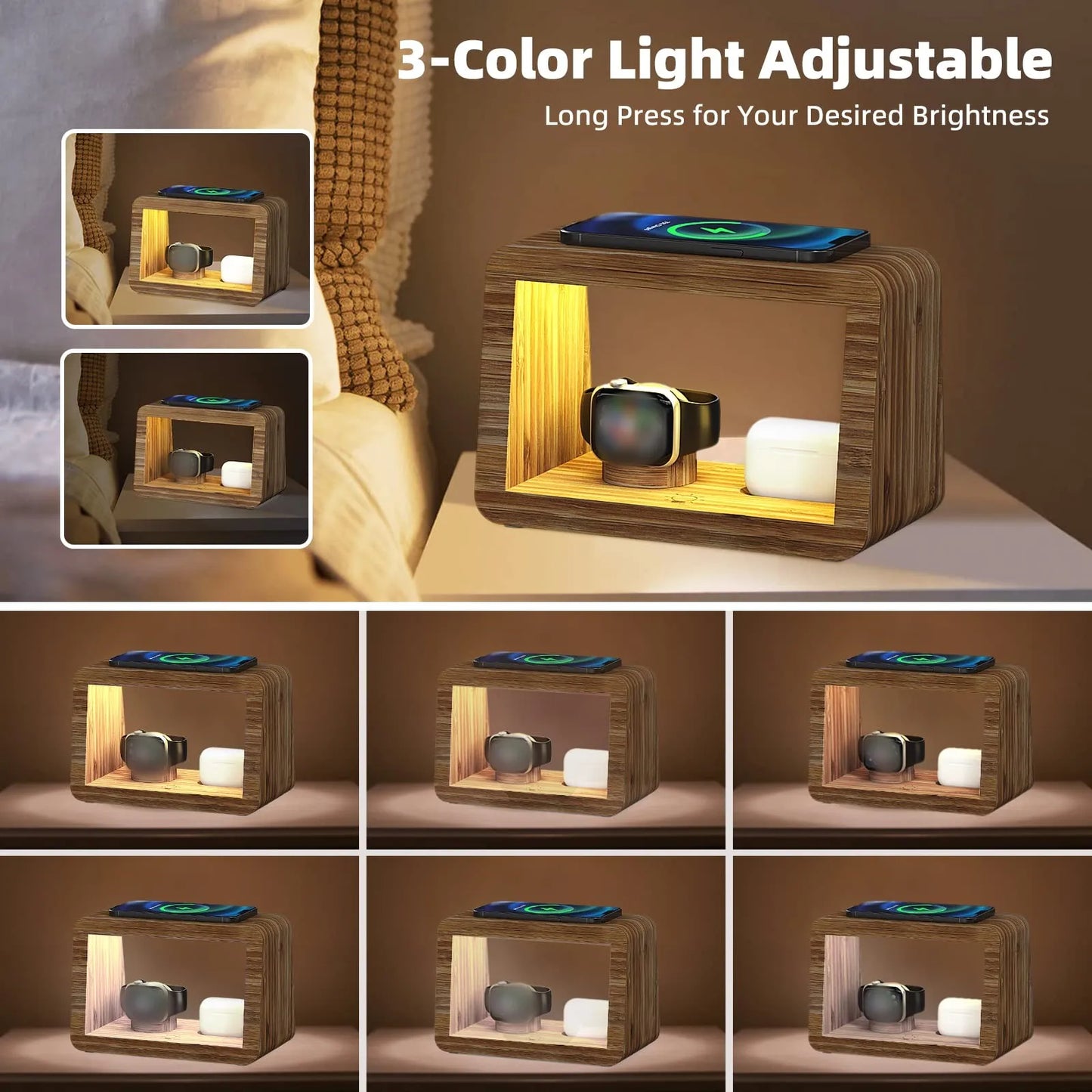 WoodLight Hub : Station de charge et lampe d'ambiance boisée.