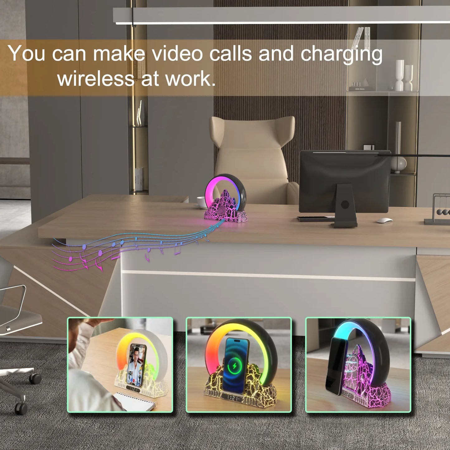 MagmaDock RGB : Station de charge et enceinte zen connectée au design naturel.